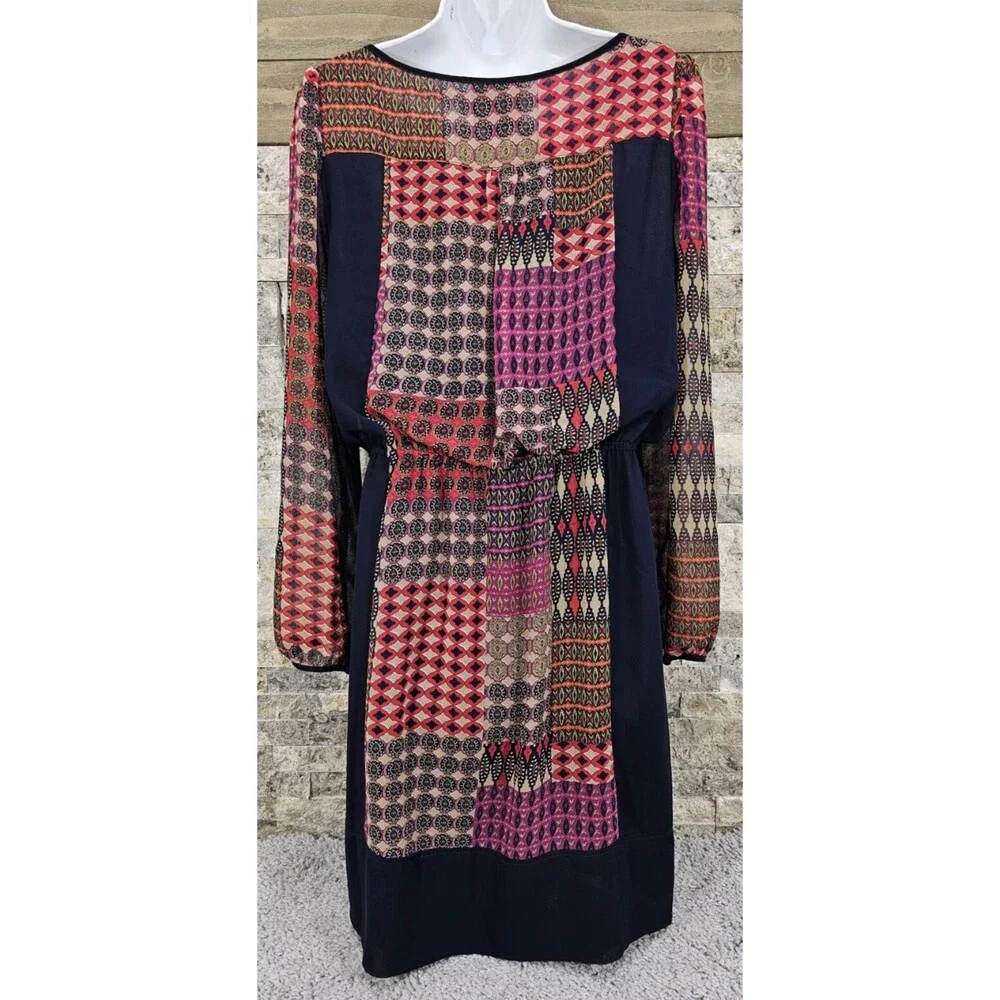 Maeve Anthropologie Patchwork Dress Blouson Lace-Up Chiffon Boho Peasant Women M - Picture 14 of 15